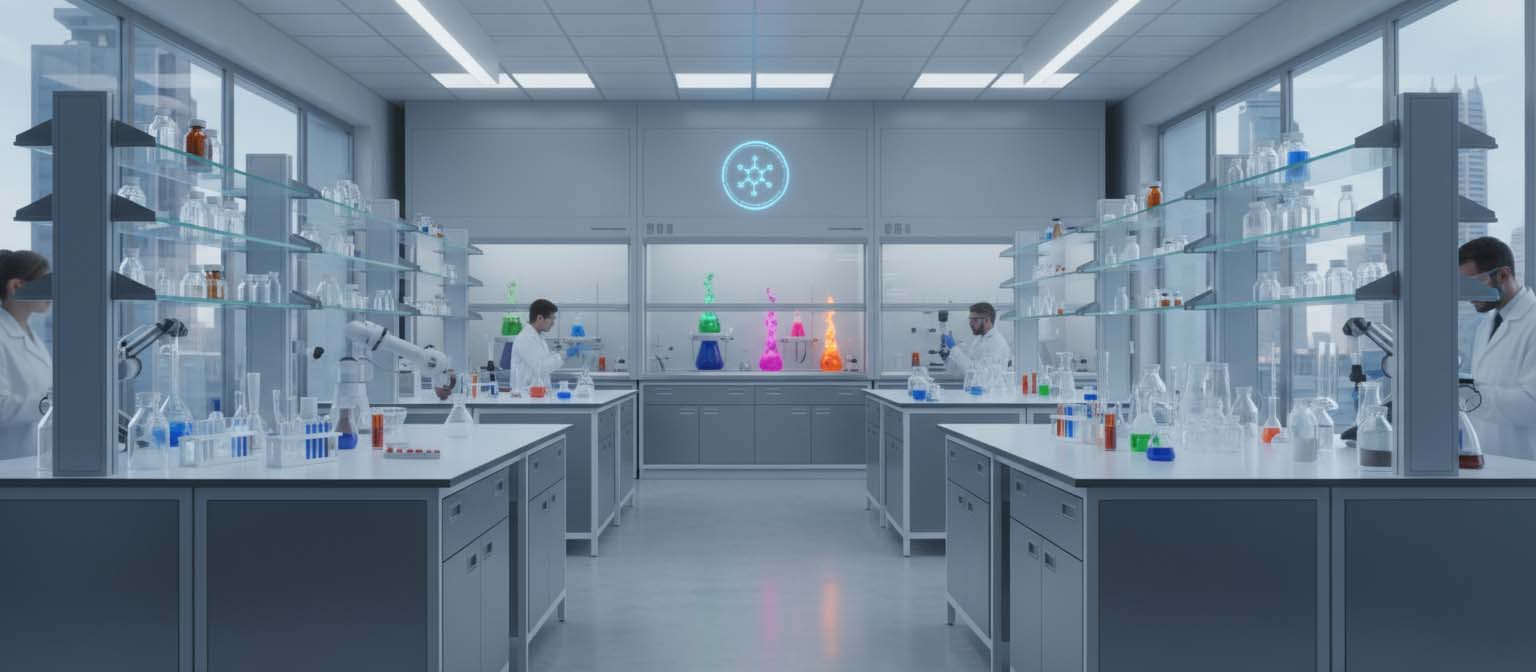 Hintergrundbild das ein Chemielabor zeigt in dem drei Menschen arbeiten. Siebdruck Chemikalien stehen auf den Tischen