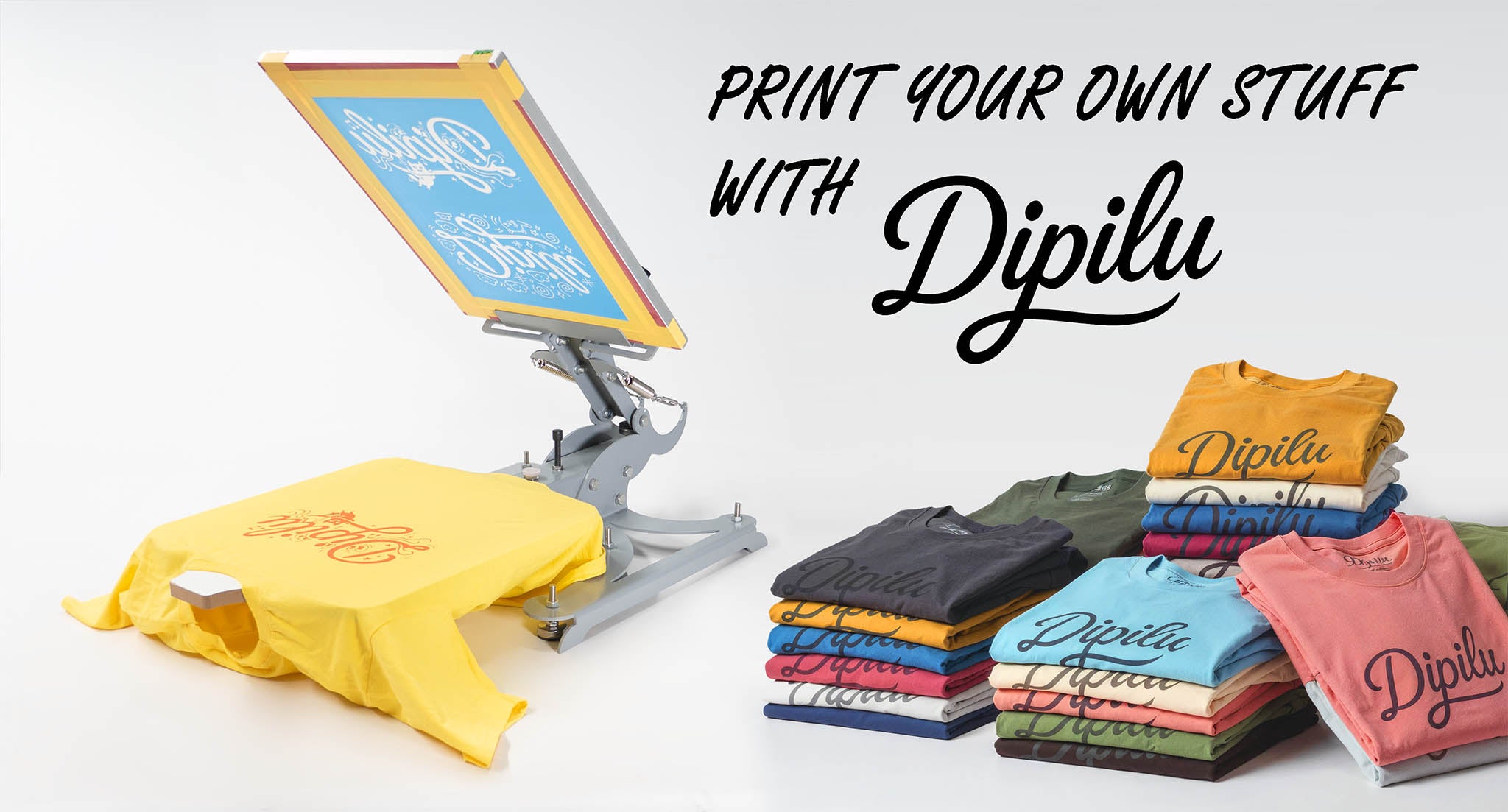 Siebdruckmaschine für den Textildruck mit Dipilu T-Shirts. Print your own stuff slogan