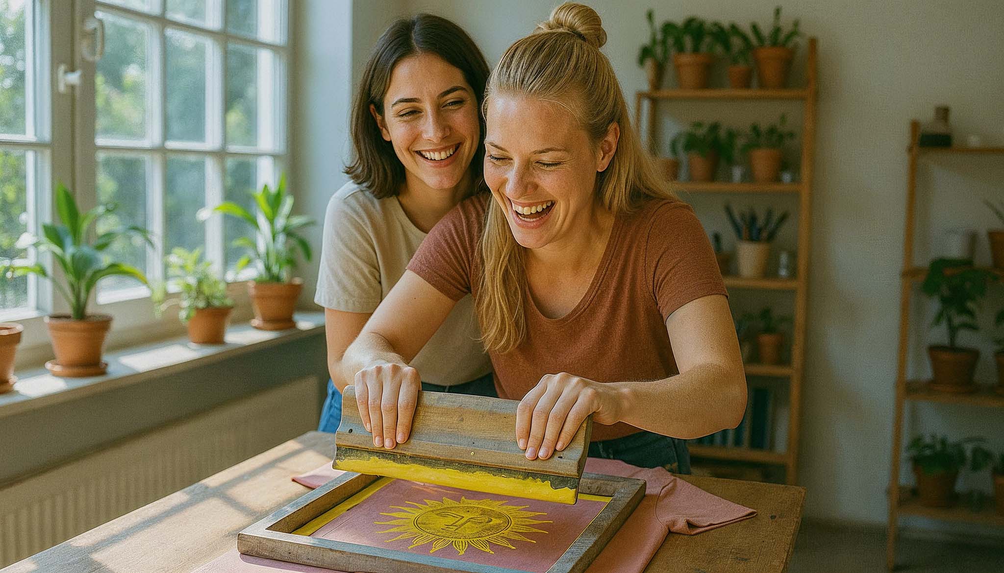 Zwei junge Frauen haben Spaß berim Herstellen eines Siebdrucks mit einem Siebdruckrahmen und einem Sonnen Motiv