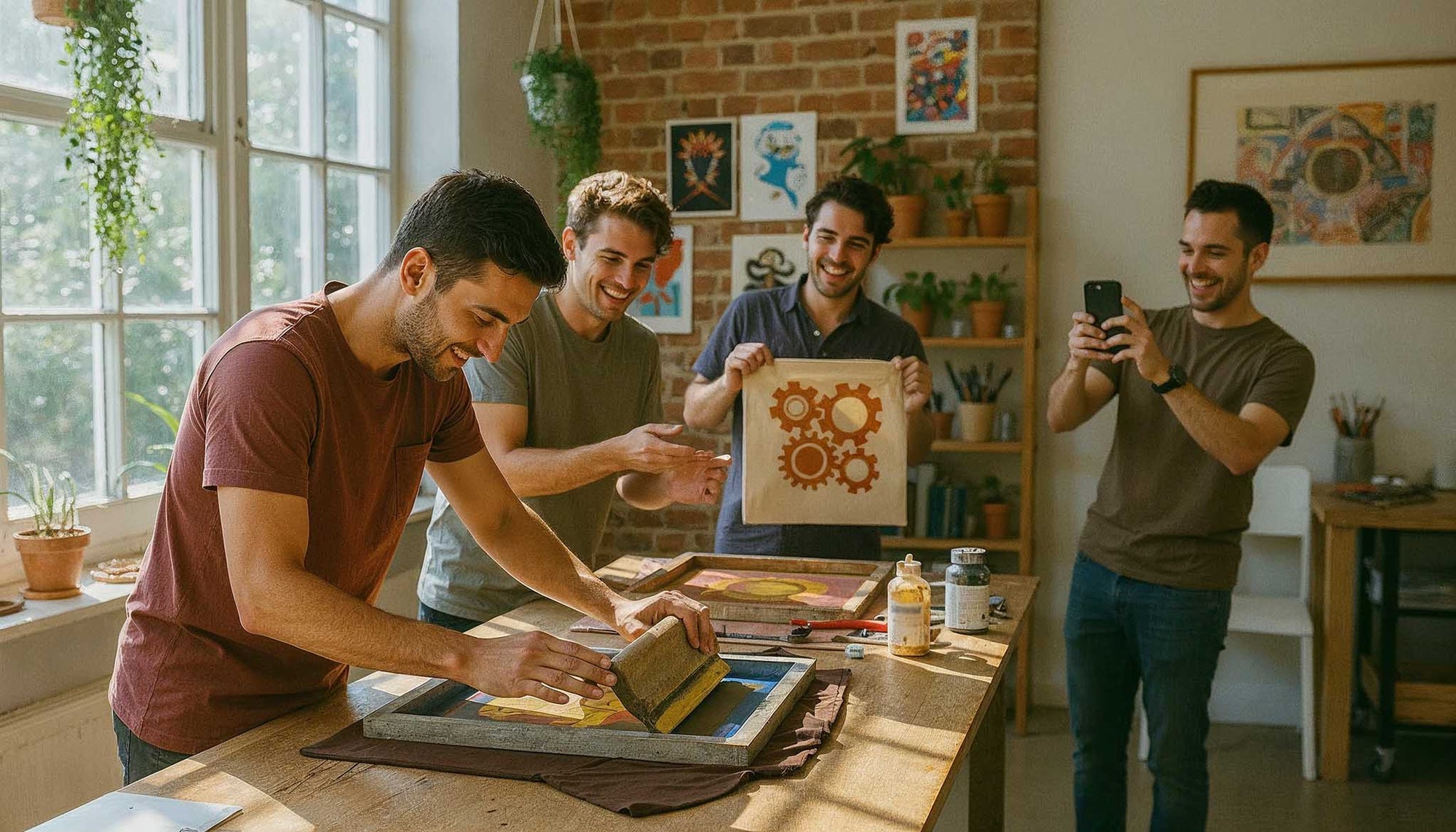 Vier Junge Männer sind in einem Loft Ateilier und erstellen Siedrucke auf T-Shirts und Baumwolltaschen