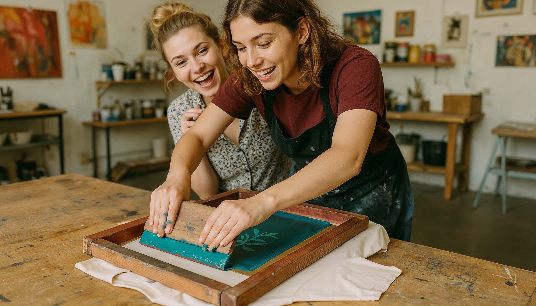 Zwei Frauen in einem Atelier bedrucken gut gelaunt ein T-Shirt mit Siebdruck