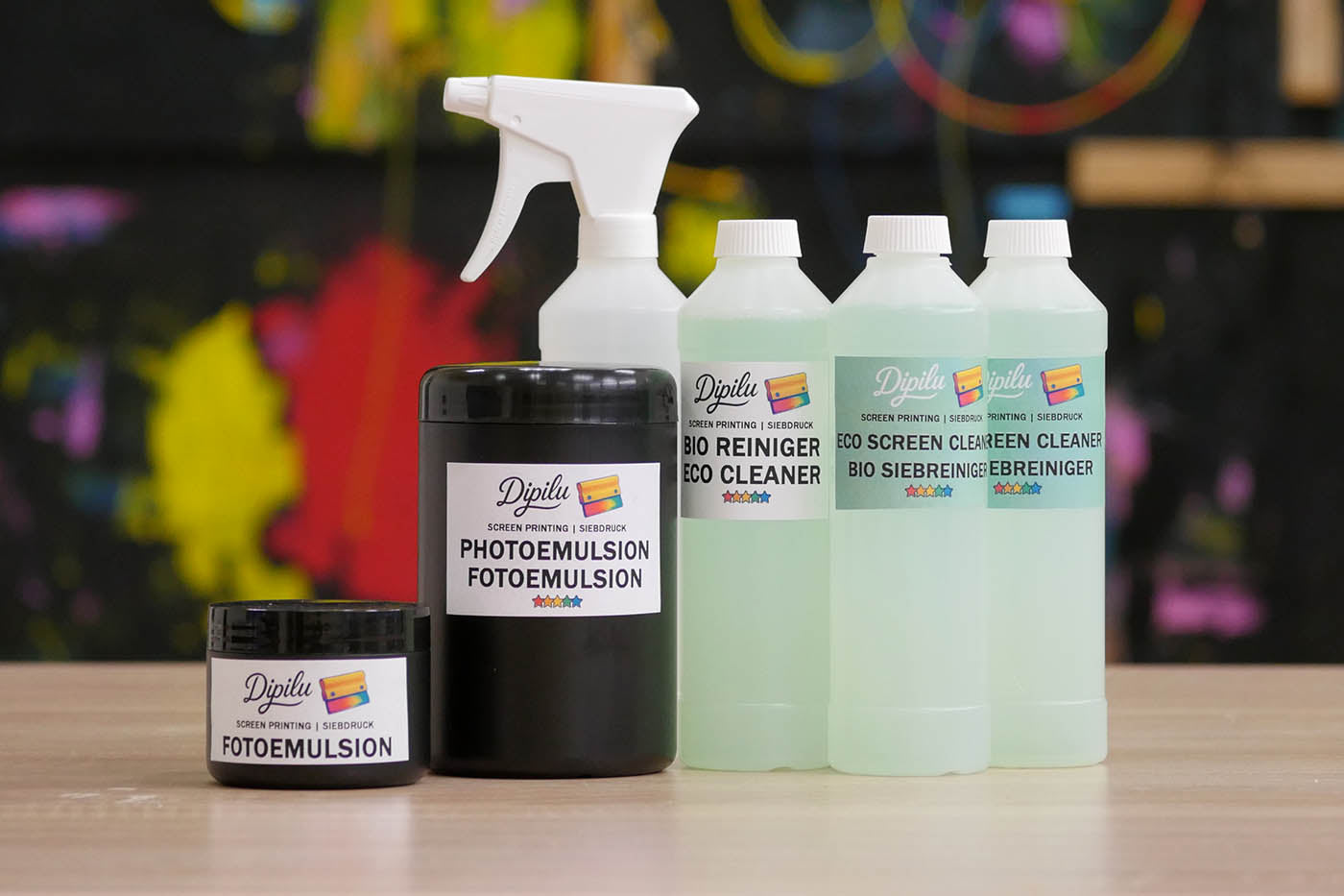 Siebdruck Chemie Produkte von Dipilu. Bio Reiniger, Fotoemulsion und Entschichter
