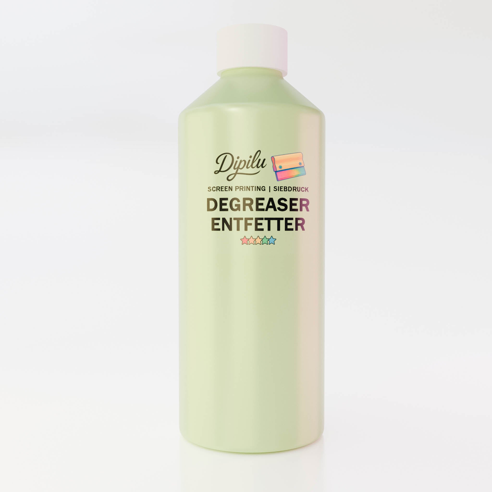 Eine durchsichtige 500ml Flasche mit Entfetter für den Siebdruck