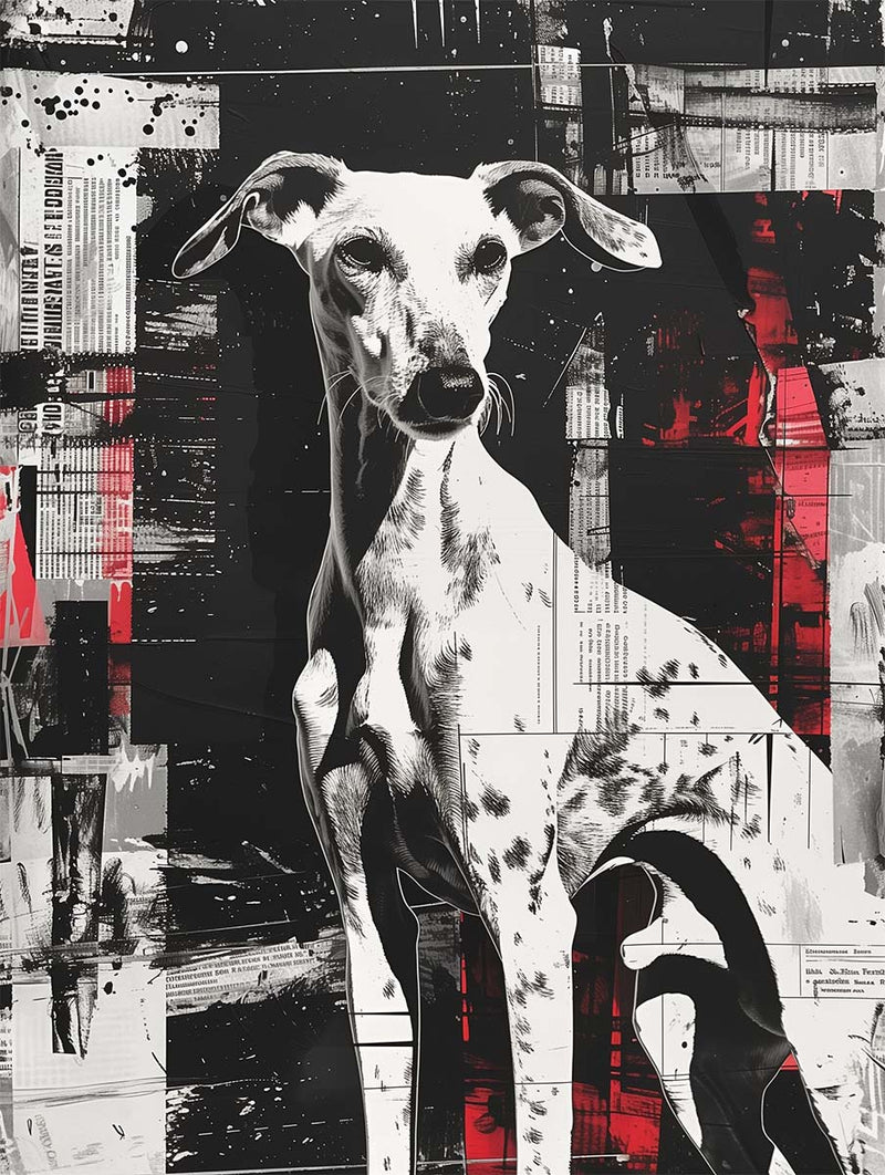 Siebdruck eines Galgo Hundes. Druck in schwarz und rot auf Papier