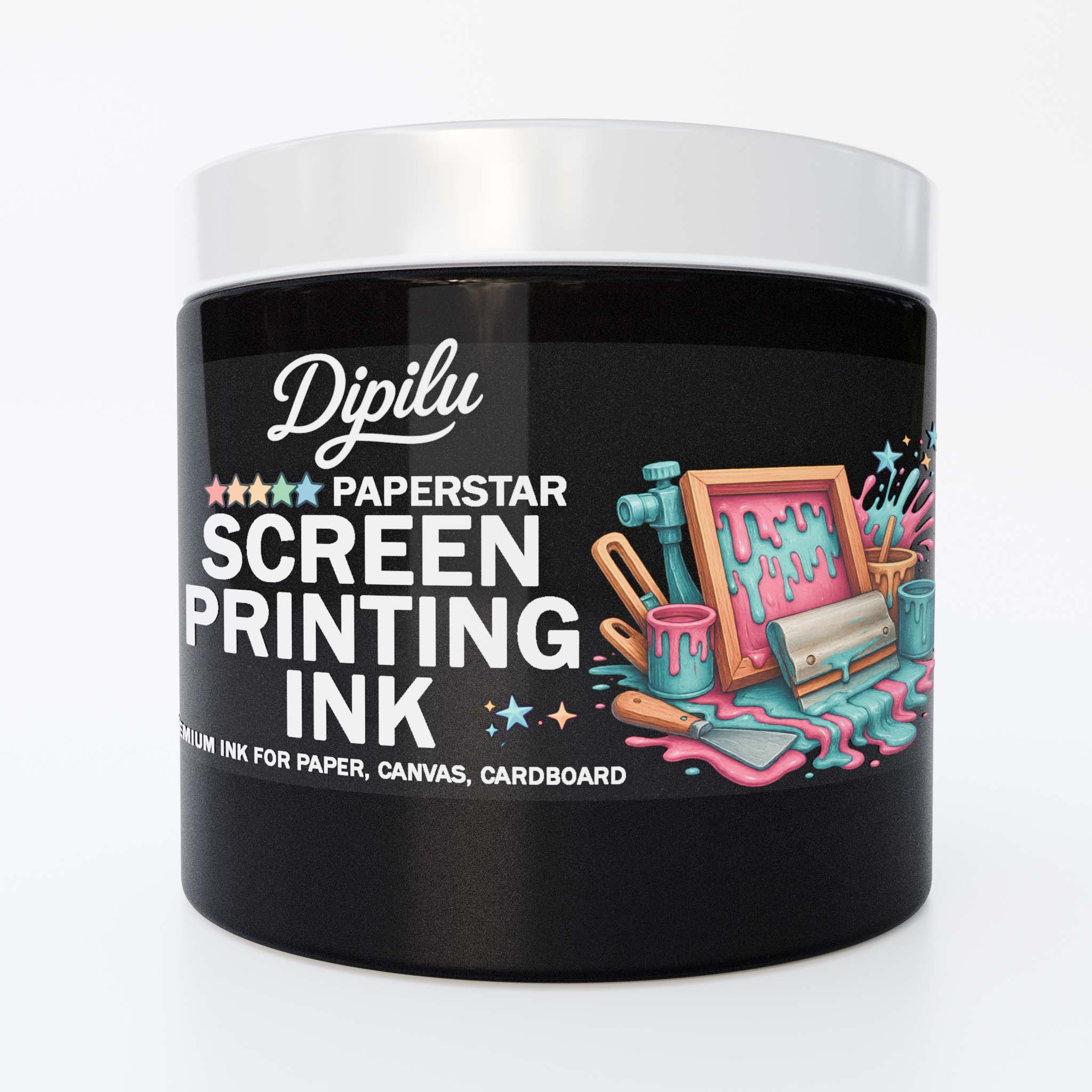 Eine Dose mit Siebdruckfarbe für den Druck auf Papier in der Farbe Schwarz