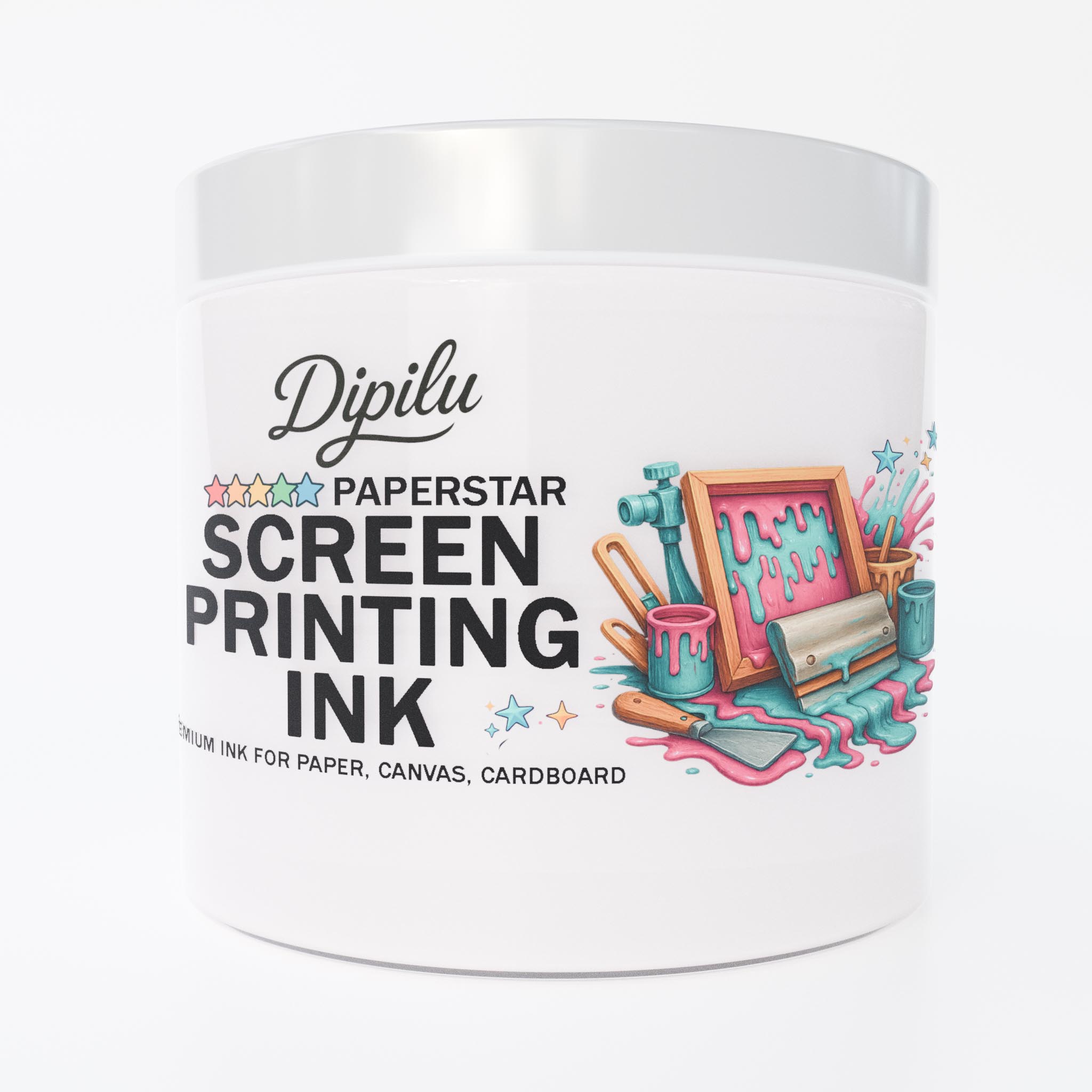 Eine Dose mit Siebdruckfarbe für den Druck auf Papier in der Farbe weiß