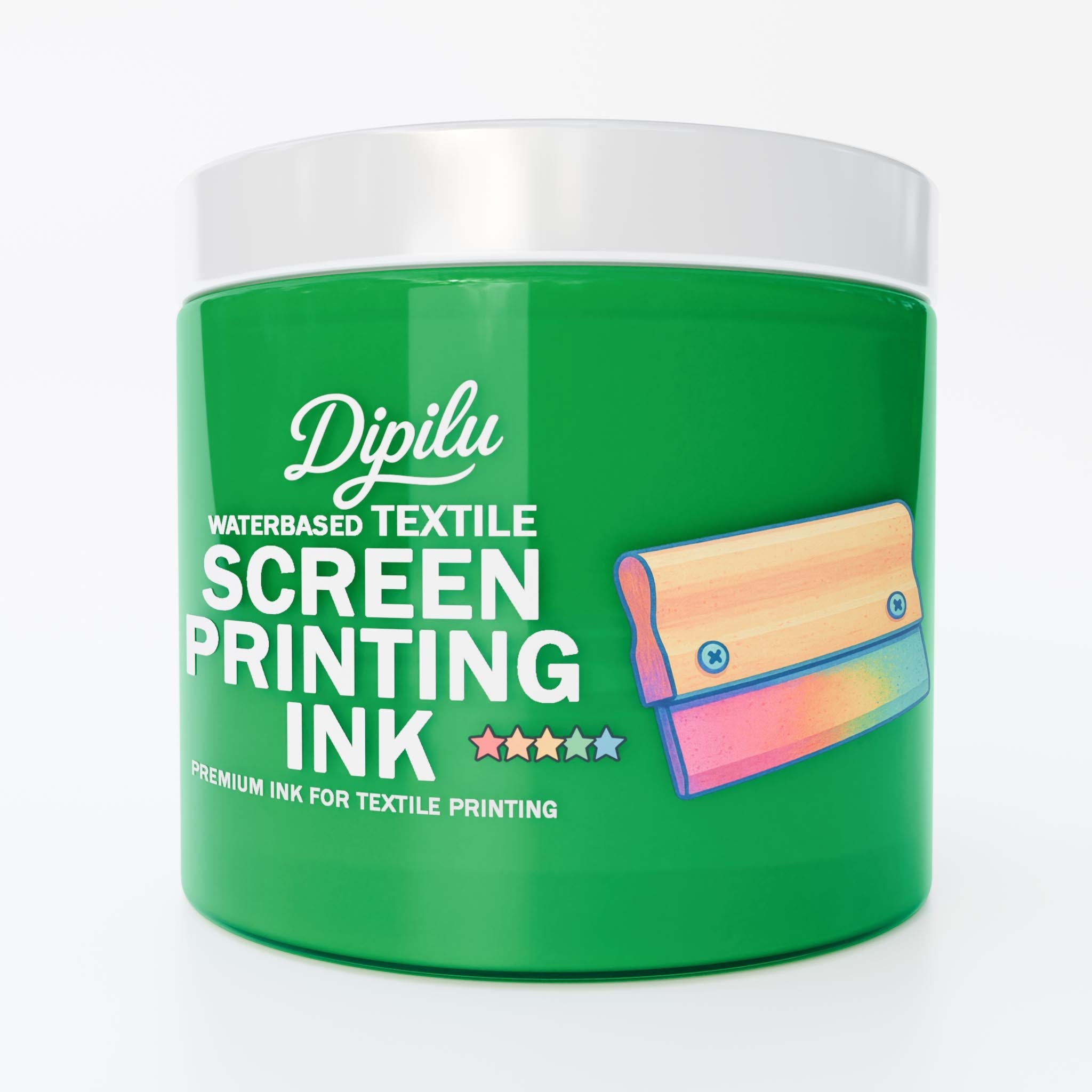 Eine Dose mit Siebdruckfarbe für den Druck auf Textilien in der Farbe Grün.