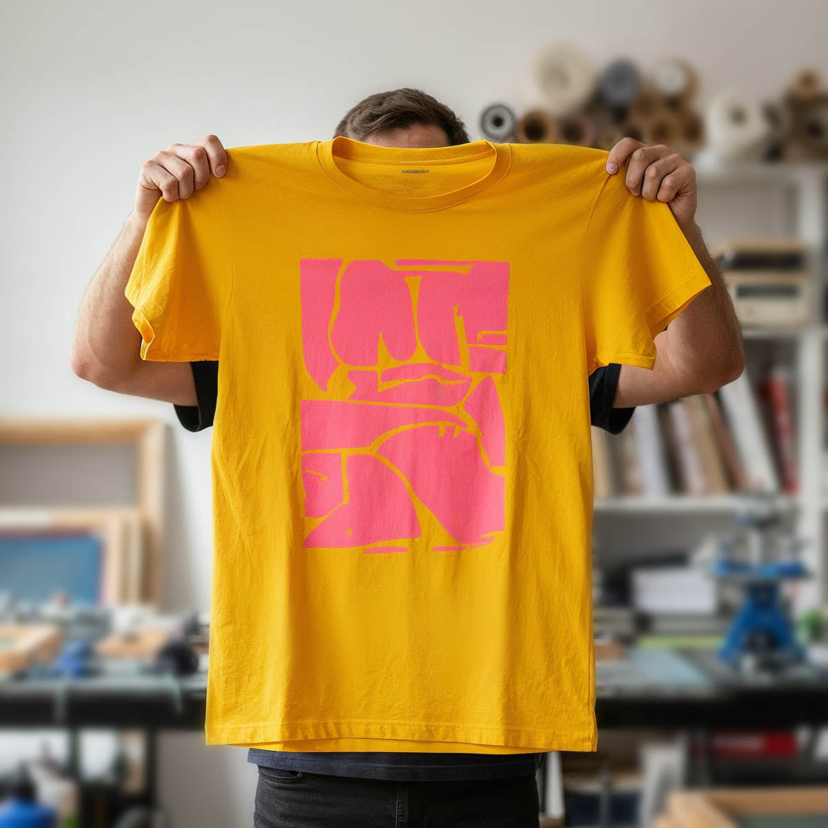 Demo Motiv eines Siebdrucks in Pink auf einem gelben T-Shirt