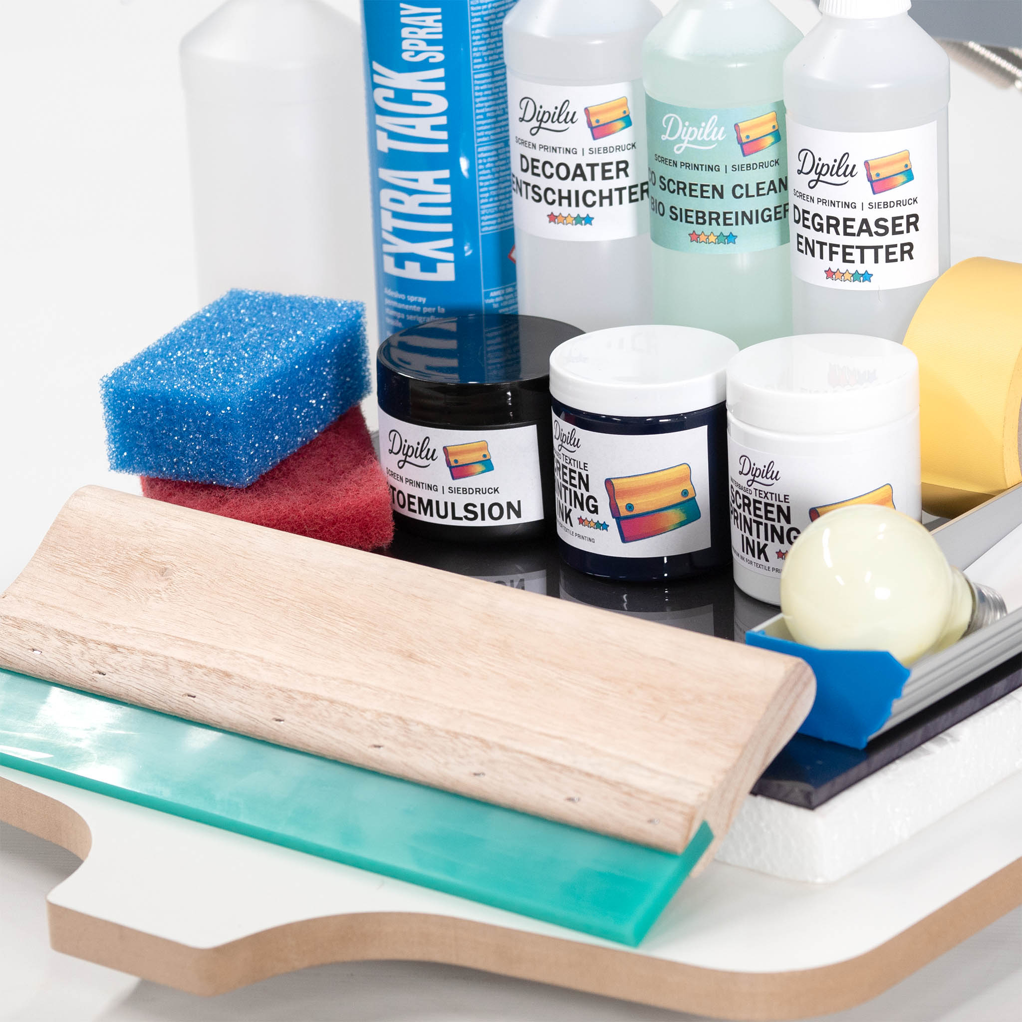 Nahaufnahme von ubehör im Dipilu Siebdruck Set Pro