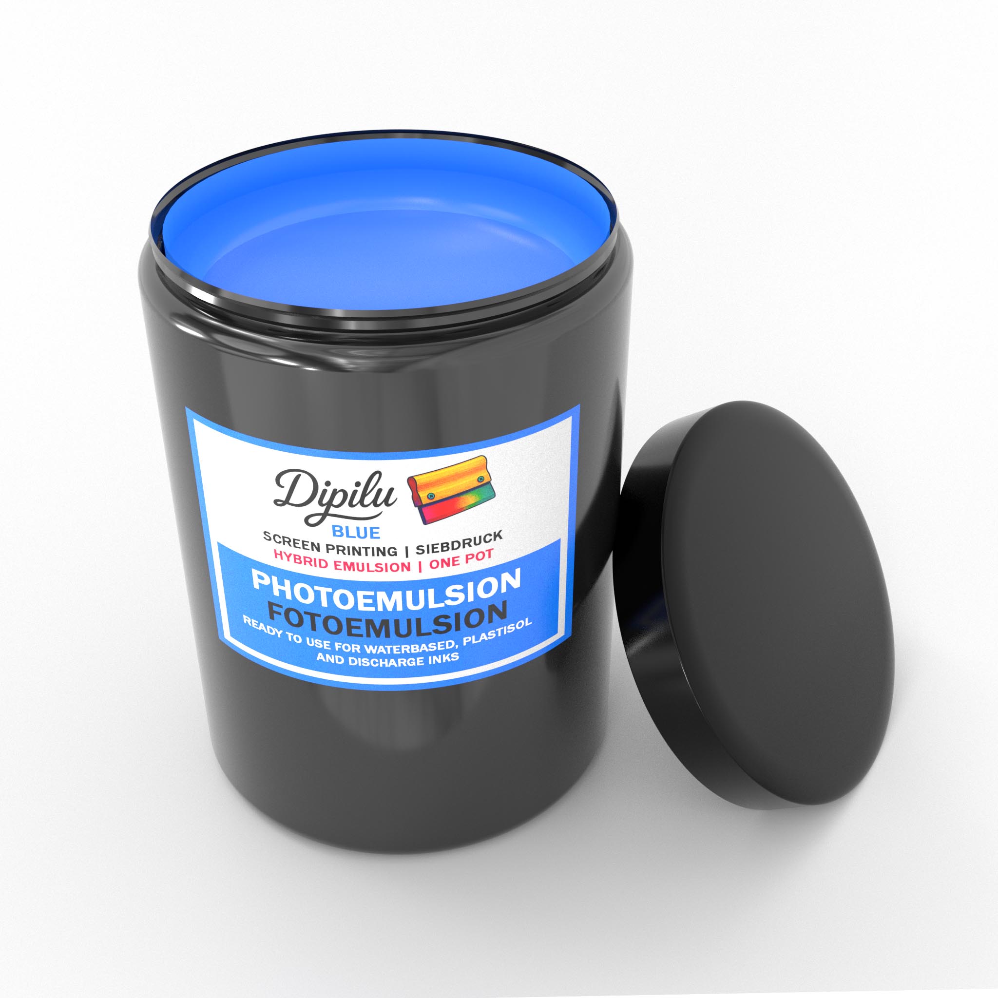 Blaue Fotoemulsion in einer offenen schwarzen Dose beklebt mit einem Label von Dipilu.