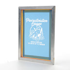 Exposed screen printing frame with blue emulsion and design