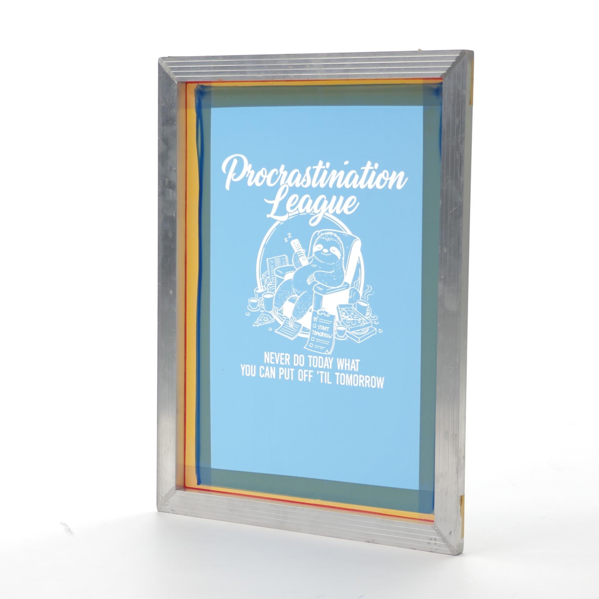 Exposed screen printing frame with blue emulsion and design