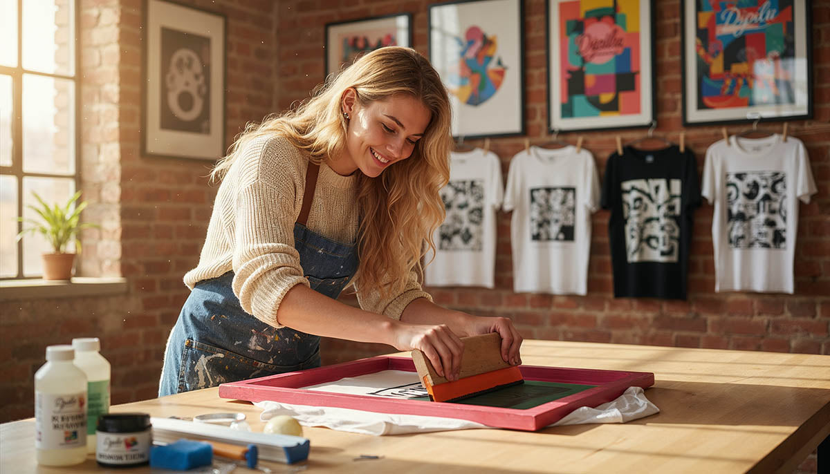 Lisa fertigt einen Siebdruck auf einem weißen T-Shirt an